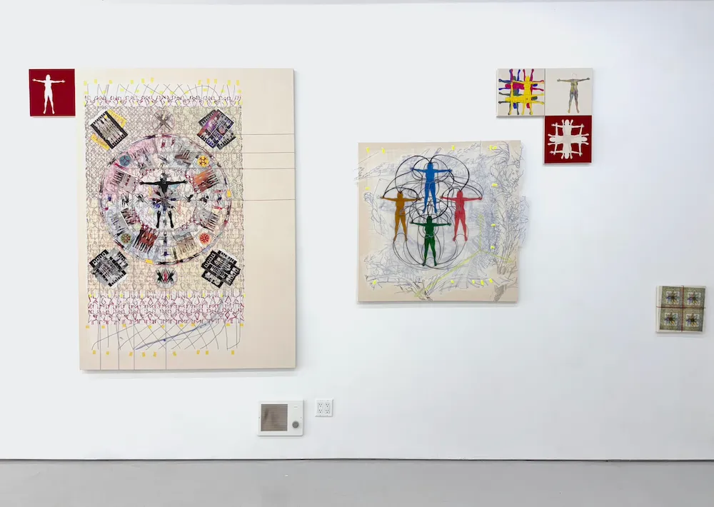 Insulation view of canvases with stenciled female human figures as metrics of the world, amid a web of interconnected lines numbers and symbols, Yang Shuai, Countable Me No. 2, n+1 No. 20, n+1 No. 9, and Centerless Energy.