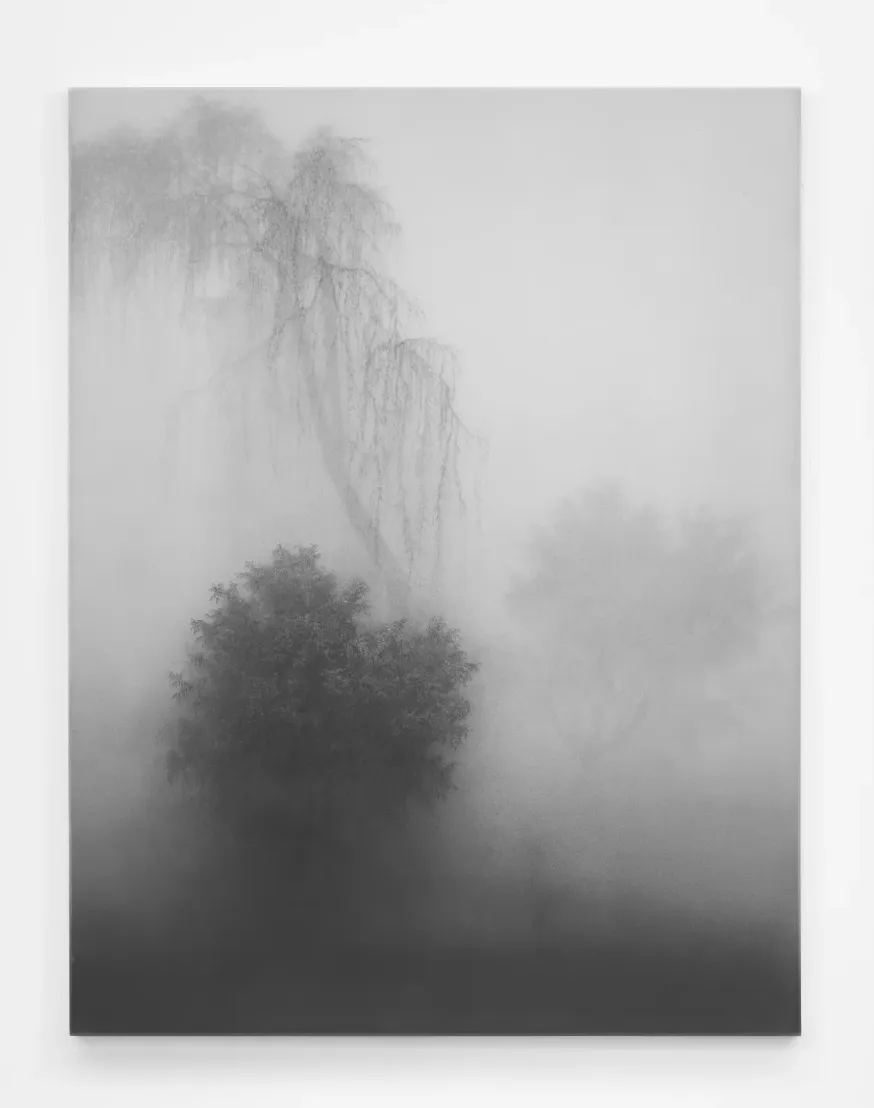 Misty grayscale natural landscape painting titled Mistygraphy installation view in white cube gallery wall, Tina Kim, there is no place, Kibong Rhee exhibition.
