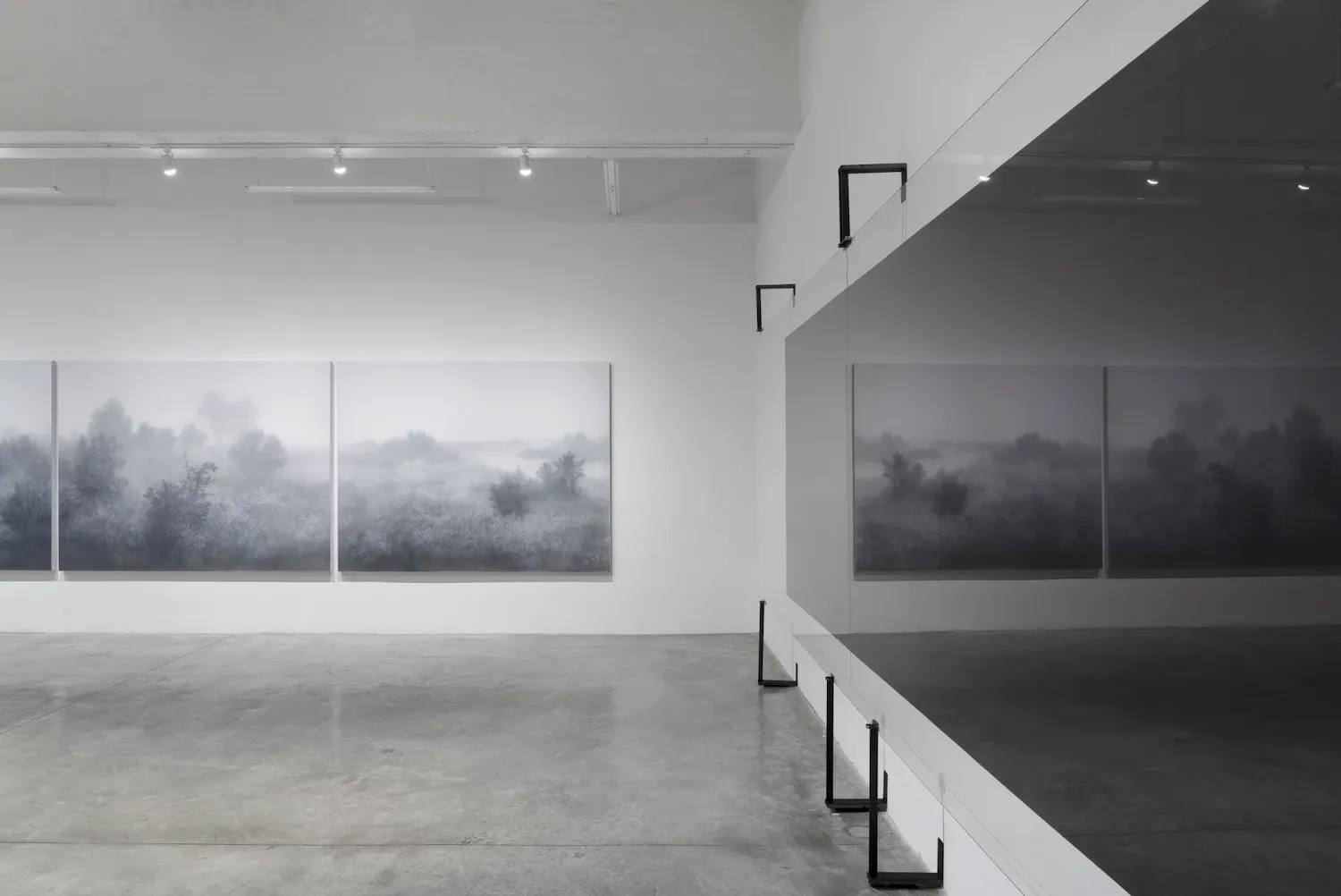 Misty grayscale natural landscape paintings next to black reflexive surface installation view in white cube gallery wall, Tina Kim, there is no place, Kibong Rhee exhibition.