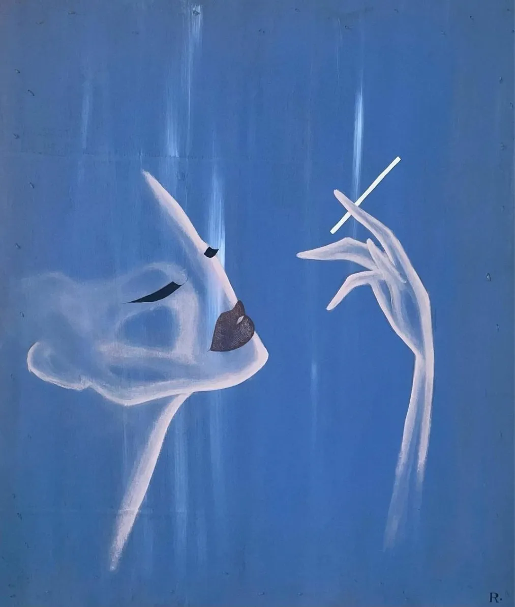 Blue figurative painting of woman's face smoking cigarette, Rubeen Salem, Mindful (2024), acrylic and ink on wood.