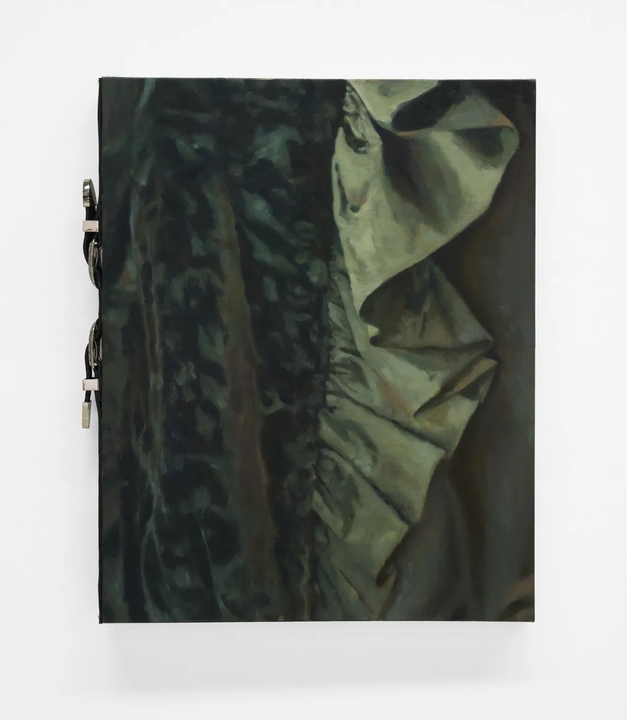 Grace Kalyta, Rustic Opulence, Sultry Encounters, 2024, oil on canvas, belt, rivets, exhibition at gallery at pagee at NADA Paris/= x the communitgy the salon.