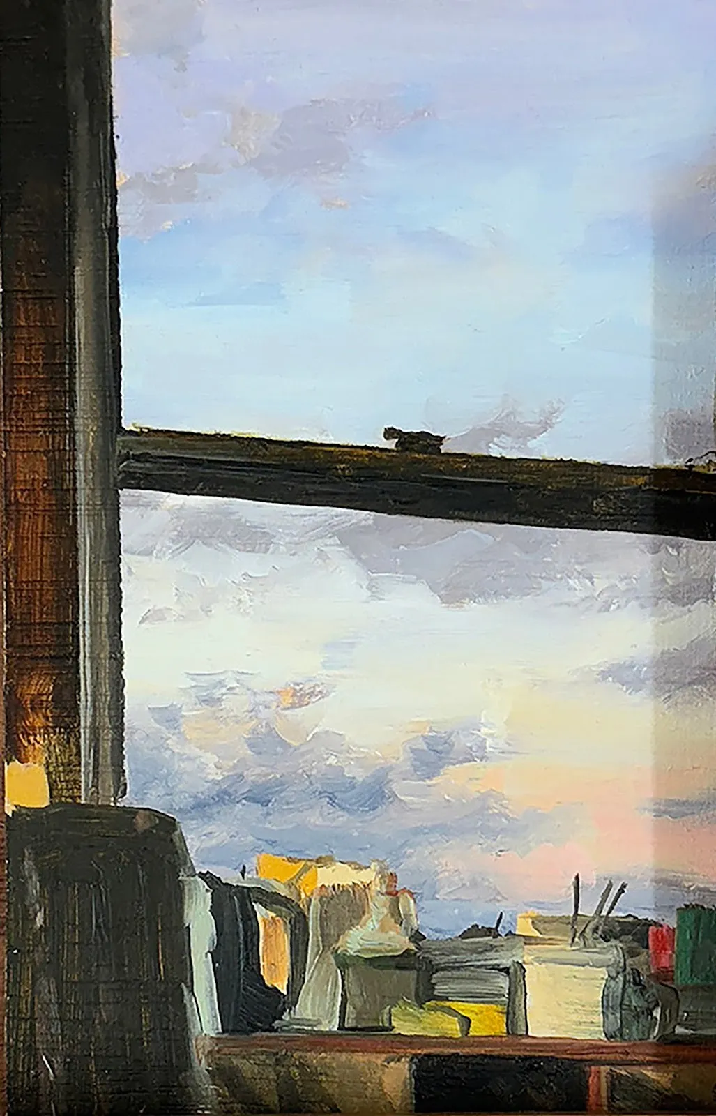 Oil on panel painting of blue sky behind a window seal with kettle, pen, and books. Elena Rivera-Montanes, Daydreaming, Salon NADA Paris community.