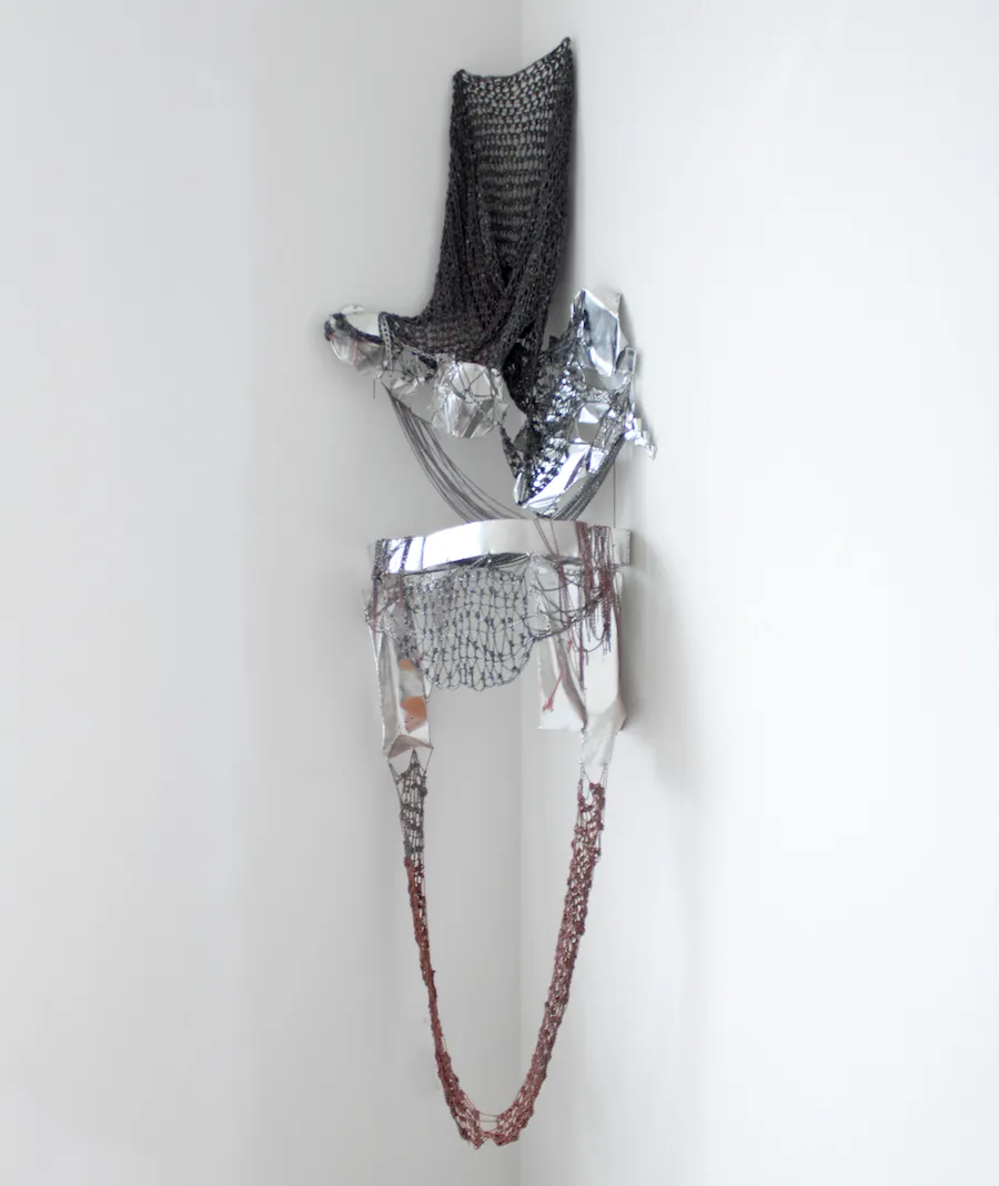 Ruby Chen, performance piece 001, costume crocheted chainmail for female performer installed as sculpture, group exhibition cult of domesticity at lumka curated by cortney connolly.