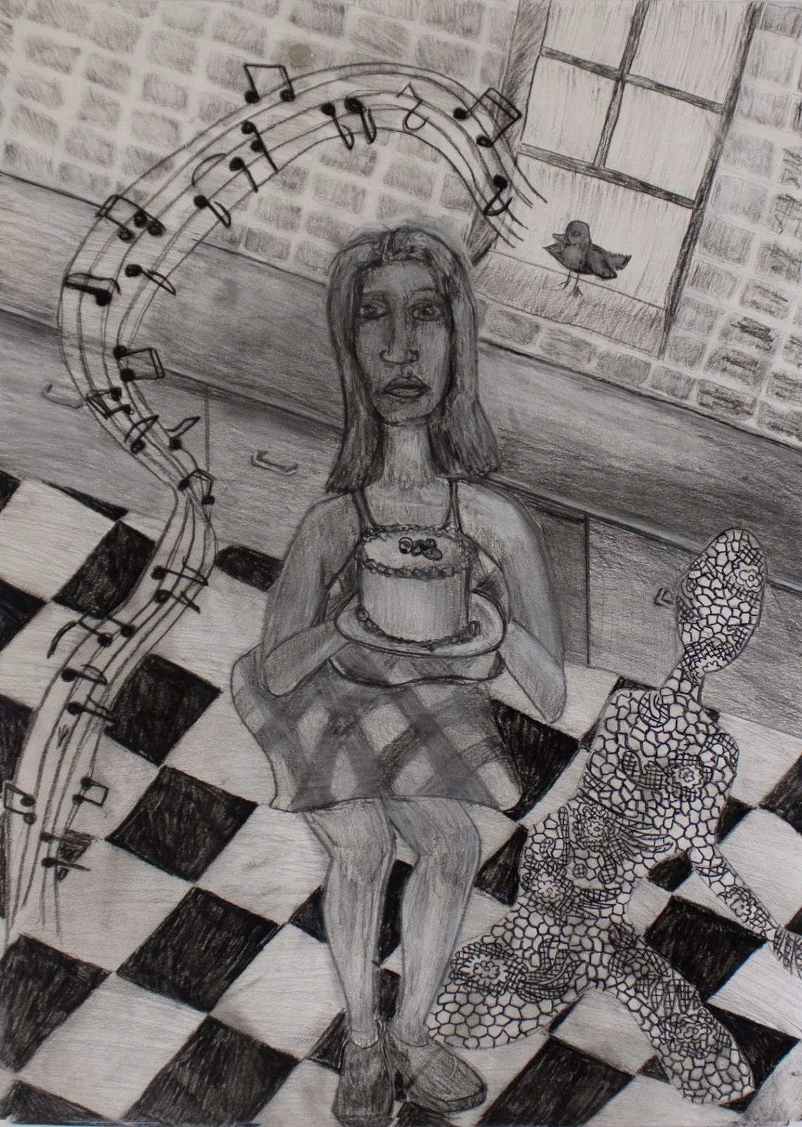 Nereida Patricia, Untitled (Blackbird Singing), 2024. Charcoal and pastel on archival paper, cult of domesticity at lumka group exhibition curated by cortney connolly.