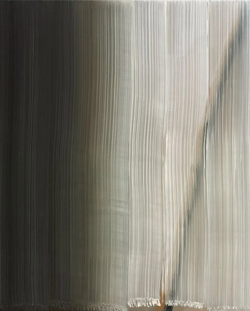 Hyun-Sook Song, 7 Brushstrokes over 1 brushstroke, solo exhibition at spruth magers, egg tempera painting with abstract black-and-white branch-like calligraphic lines.