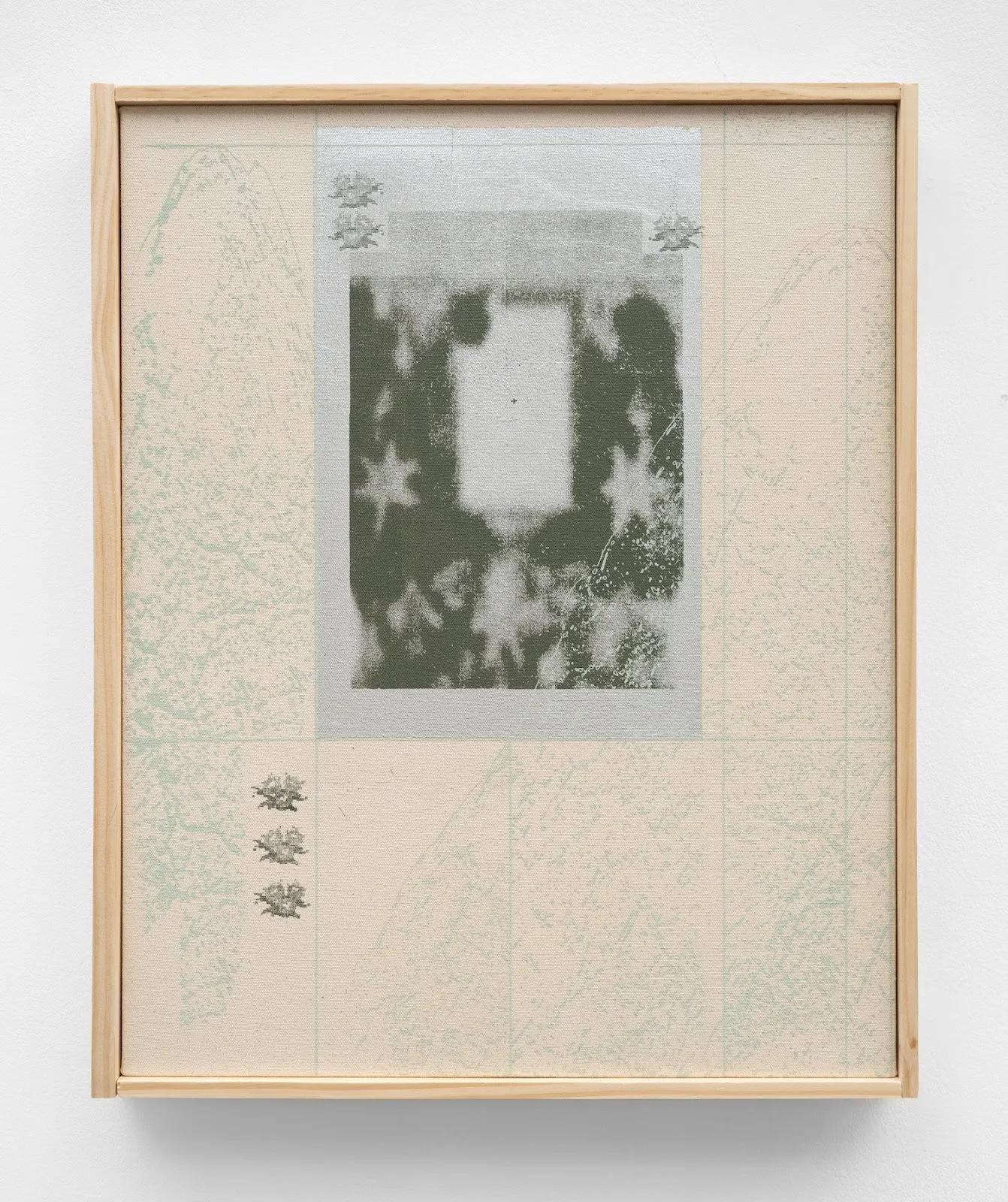 Naomi Nakazato, Flowers for All Occasions, screen printed photograph on silver paint against pale skin toned canvas in wooden frame, overlaid by landscape drawings, spirit duplicator at olympia gallery, solo exhibition.