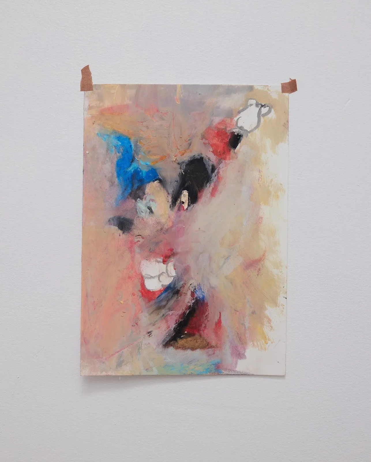 Dana DeGiulio's zephyr, crayon on paper drawing of mickey mouse-like figure mounted on white gallery wall with cut bandages, conduct exhibition at iowa gallery.