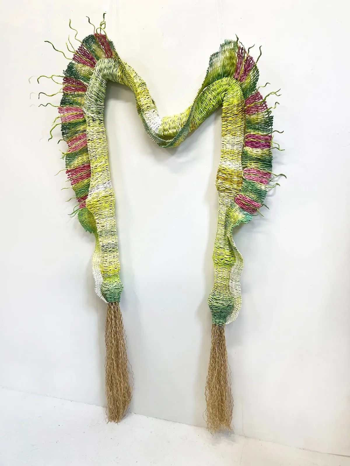 Kathie Halfin's weaved textile fiber sculpture art installed in M shape on white gallery wall, referencing wisteria shape with tussles and tentacle shapes.