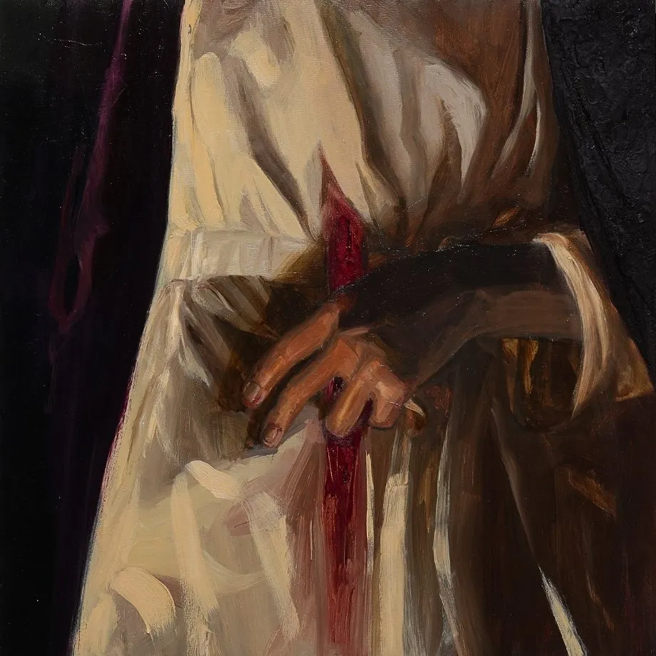 Dark painting of figure wounded in abdomen bleeding through white cloak, yongqi tang, oil painting on wooden panel, the wound, 2024, the open venus, latitude gallery.