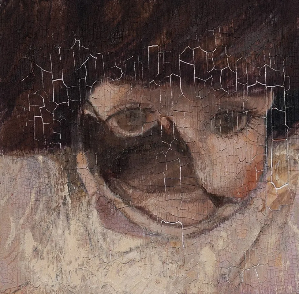 Painting of young figure with fragmented face, yongqi tang, persephone, oil painting on canvas, latitude gallery.