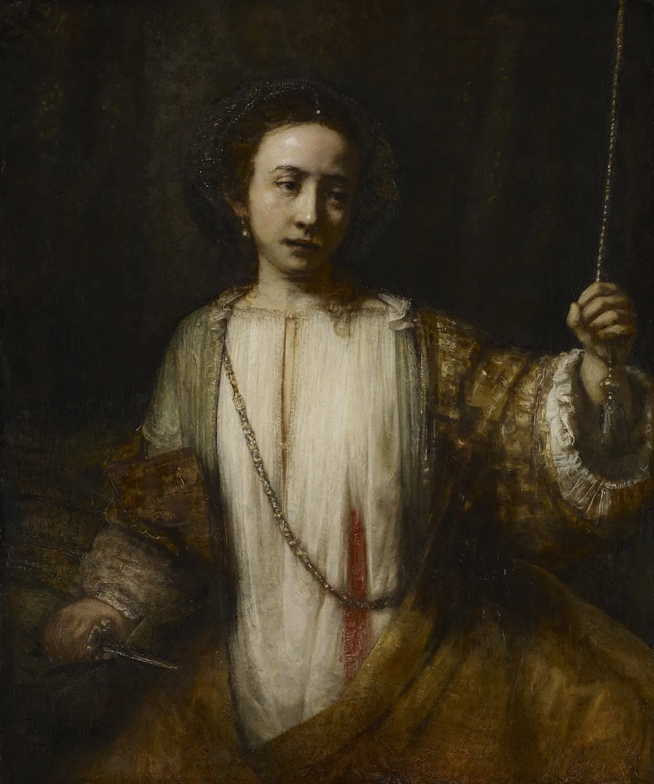 Dark painting of female figure in dutch clothing committing suicide, Rembrandt Harmensz van Rijn, Lucretia 1666, Oil on canvas, Minneapolis Institute of Art.