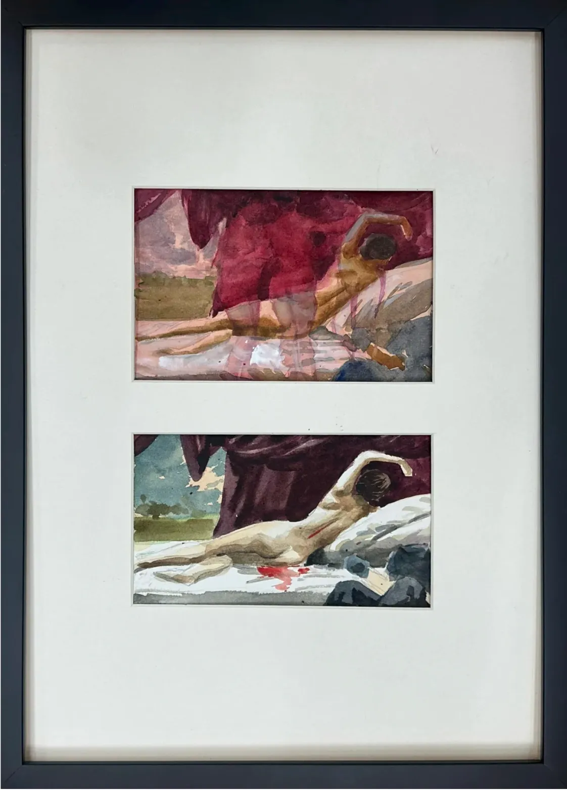 Two watercolor studies of threading the venus by yongqi tang, nude female figure with back facing the viewer, spine sliced open with blood on white sheets, the open venus, solo exhibition latitude gallery.