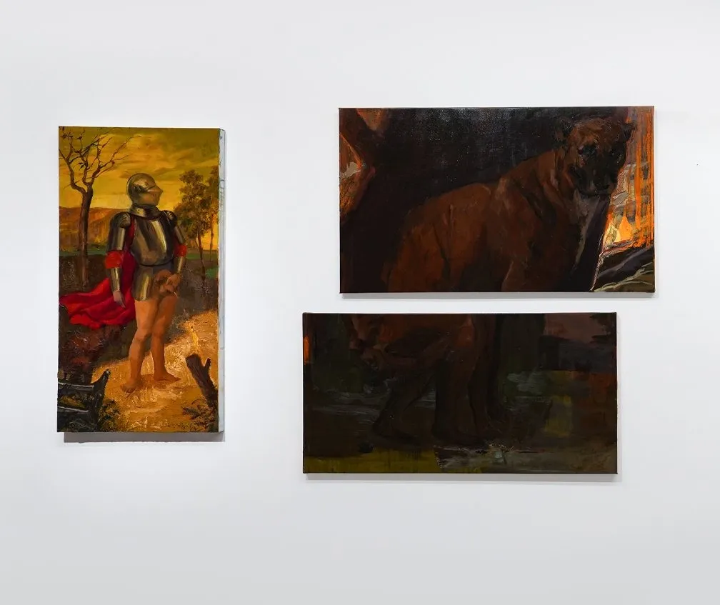 Three oil paintings hanging on white gallery wall, yongqi tang, the open venus,  latitude gallery, Knight Peeing in a Landscape and dog pooping.