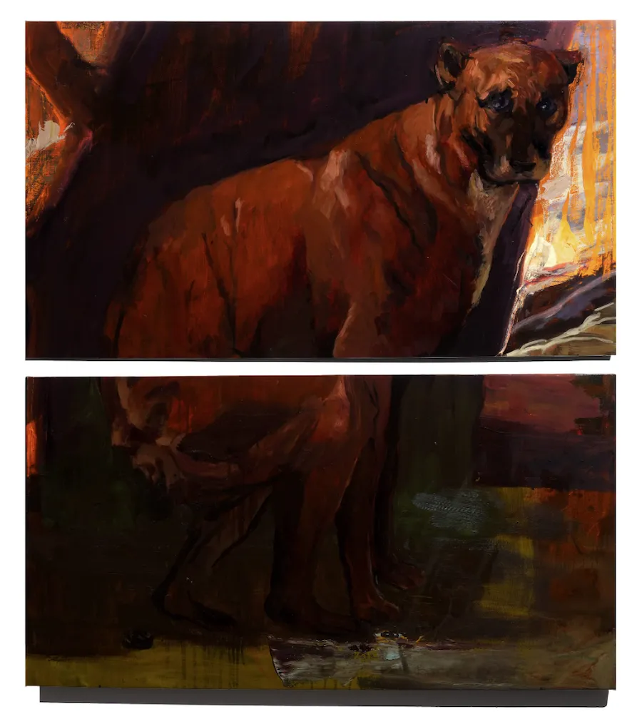 Diptych oil painting of brown dog pooping in landscape, yongqi tang, solo exhibition, the open venus, latitude gallery.