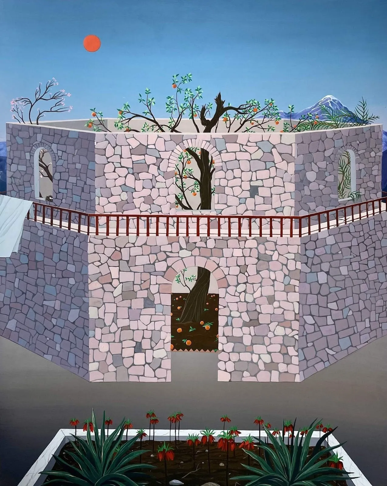 Purple and blue acrylic painting of orange tree growing in garden with walls and fences, a mountain and red moon in the background, chili pepper in parterre, azadeh nia, pardis, acrylic on panel silver art projects residency.