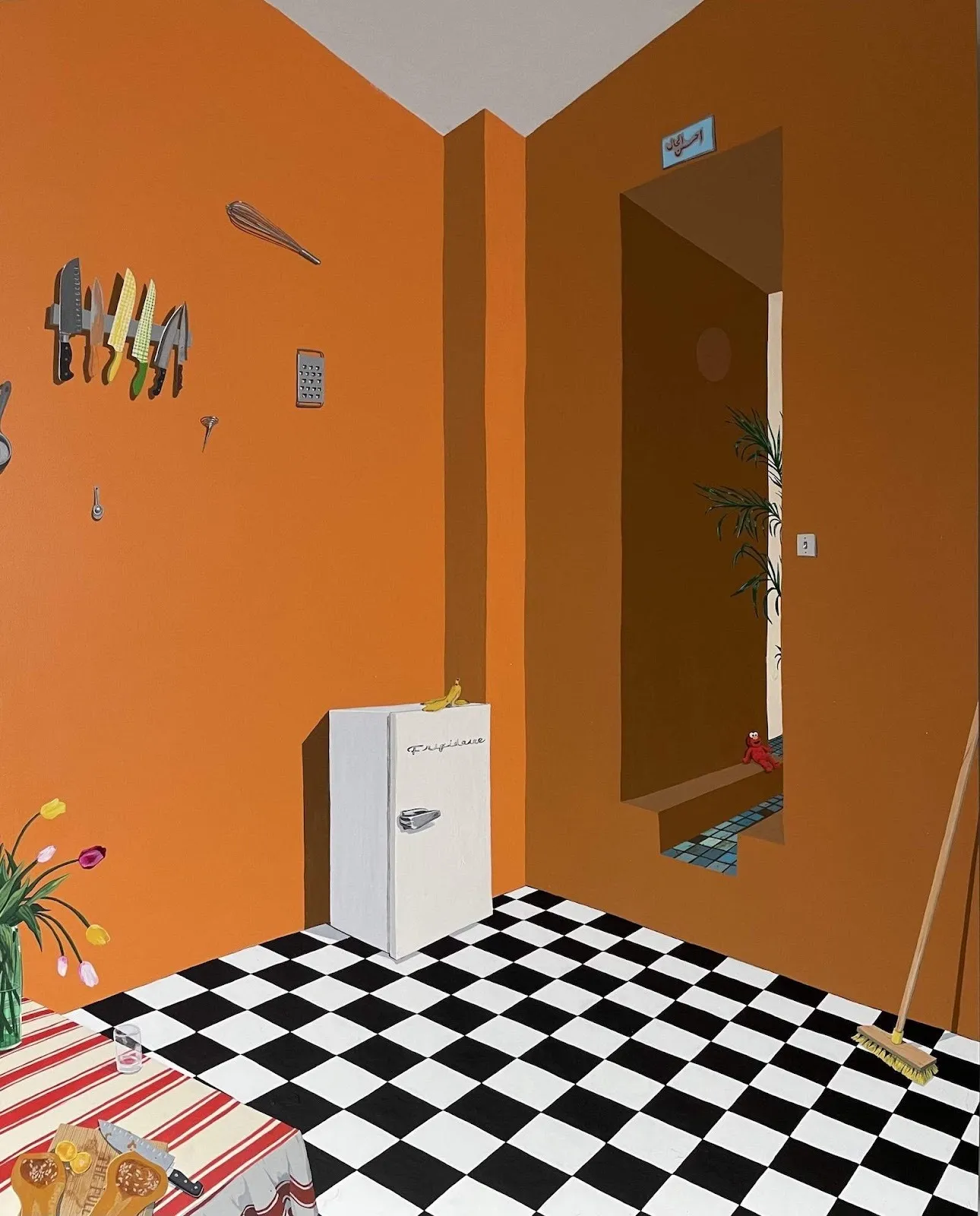 Orange and brown painting of kitchen interior with white fridge, black and white tiled floor, knives on wall, and elmo toy, acrylic on panel, in the kitchen by azadeh nia silver art projects residency iranian painter.