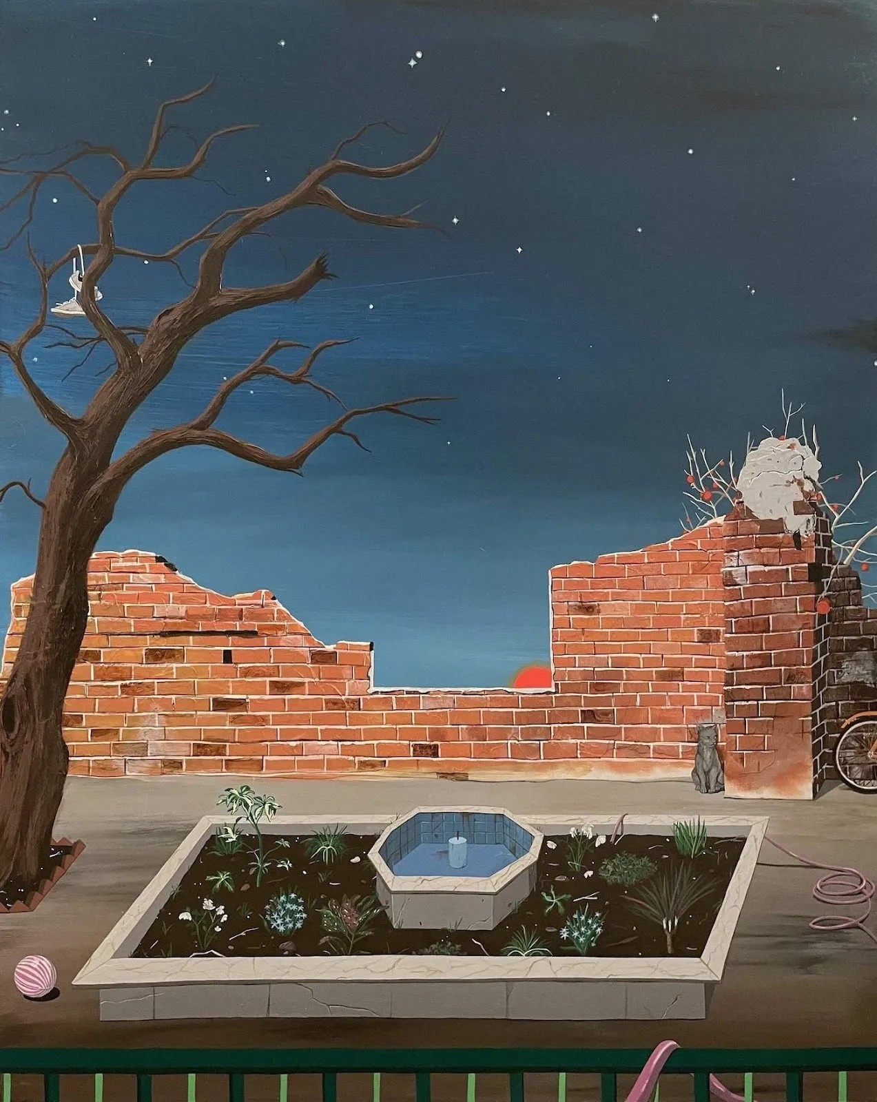 Painting of nighttime garden with broken walls, withered tree, and small parterre in the middle with water irrigation tube, azadeh nia, when the springtime comes again, acrylic on panel, iranian artist, silver art projects residency.