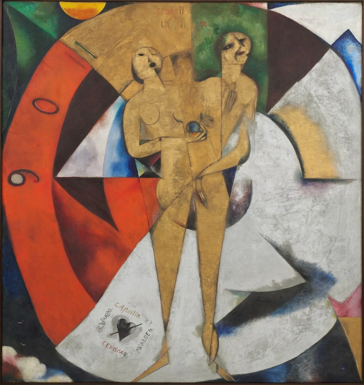 Geometric abstraction painting with two integrated nude figures standing in circular form, marc chagall, homage to apollinaire, oil on canvas, collection van abbemuseum, Solomon R. Guggenheim Museum, New York, orphism exhibition.