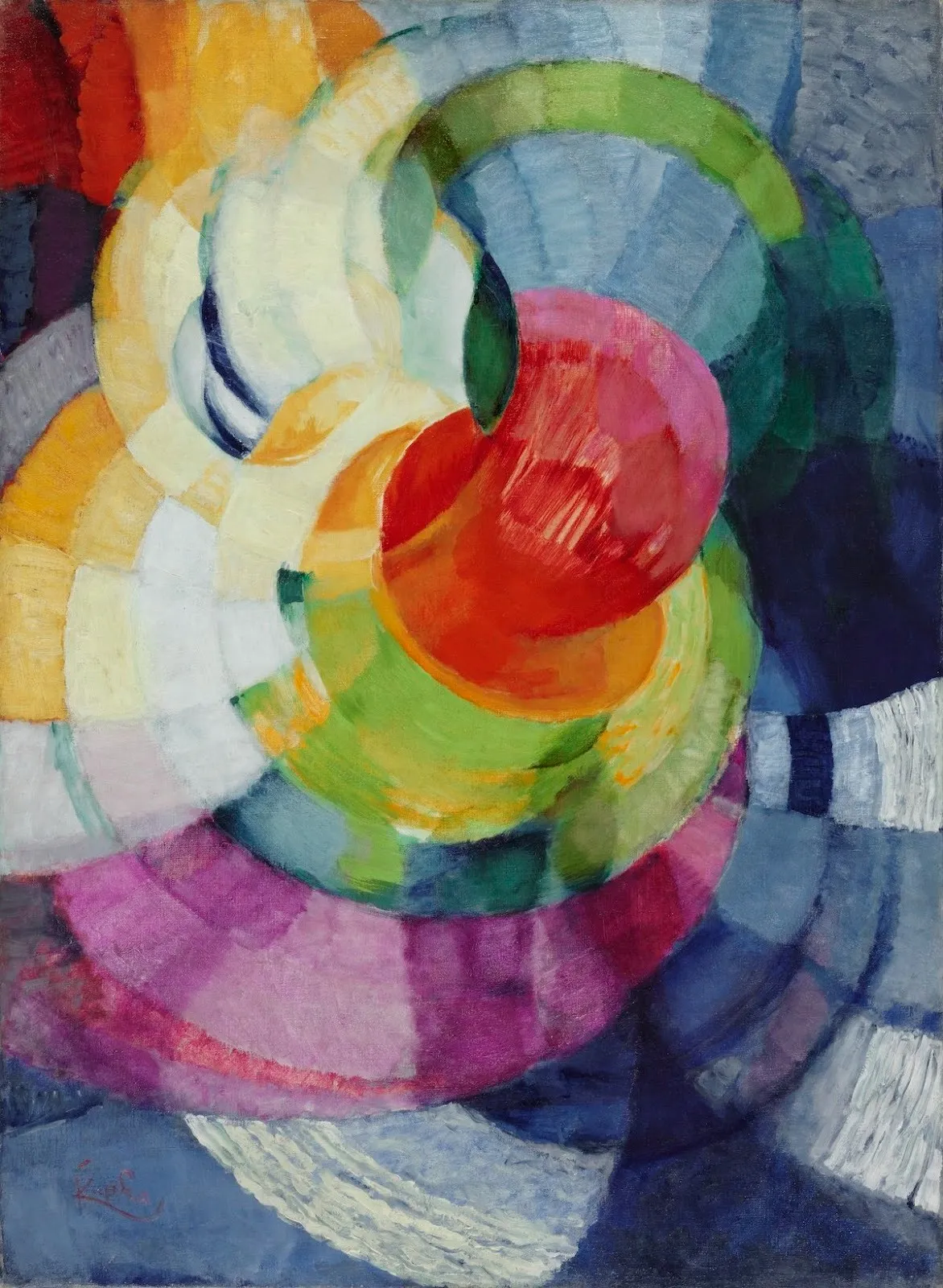 Geometric abstraction oil painting of overlapping disks in color circular formation, disks of newton, frantisek kupka, study for fugue in two colors, the philadelphia museum of art, Solomon R. Guggenheim Museum, New York, orphism exhibition.