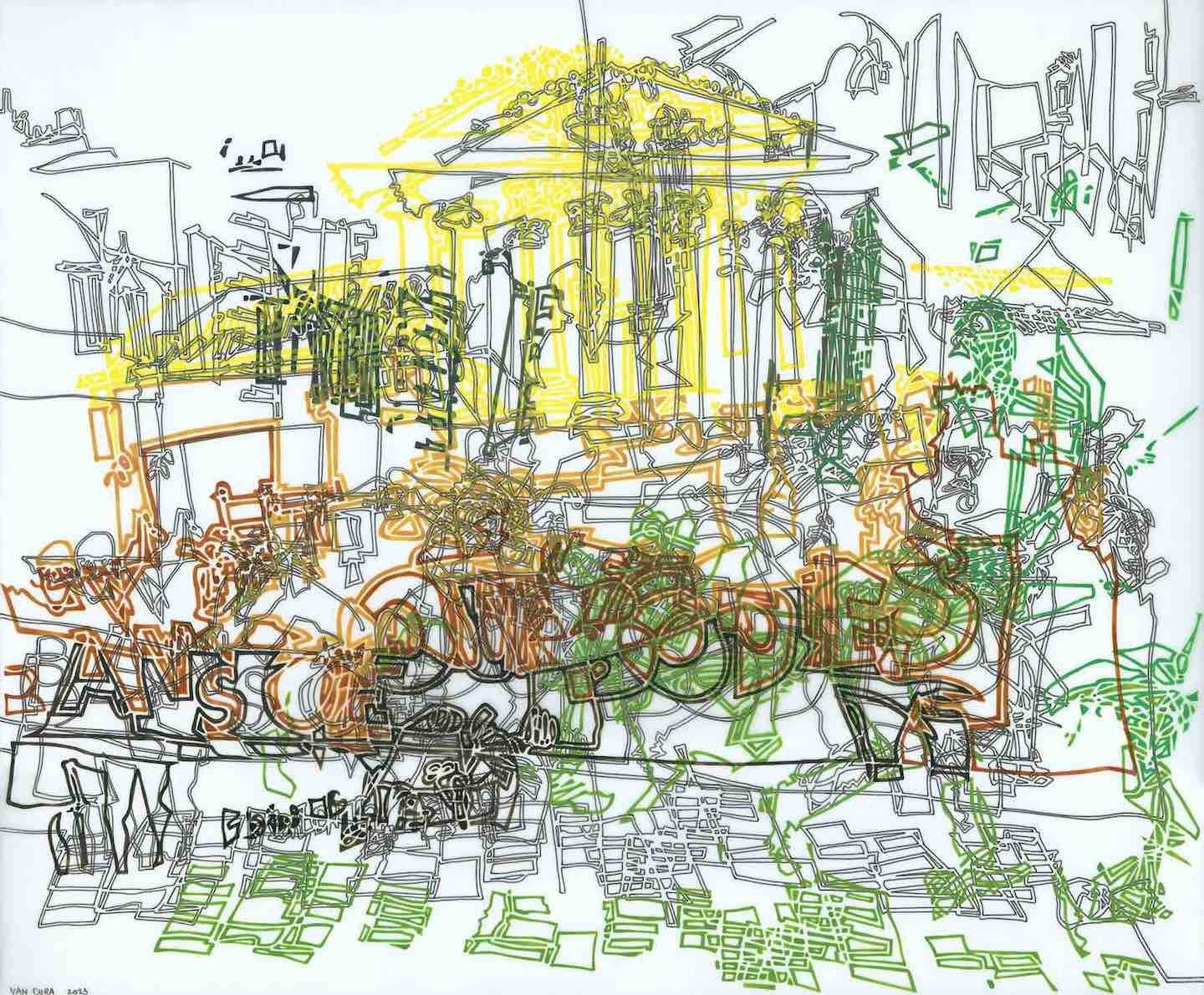 Protest images at us supreme court turned into blind contour technique drawing, marjorie van cura art, untitled 0623, solo exhibition out of line.