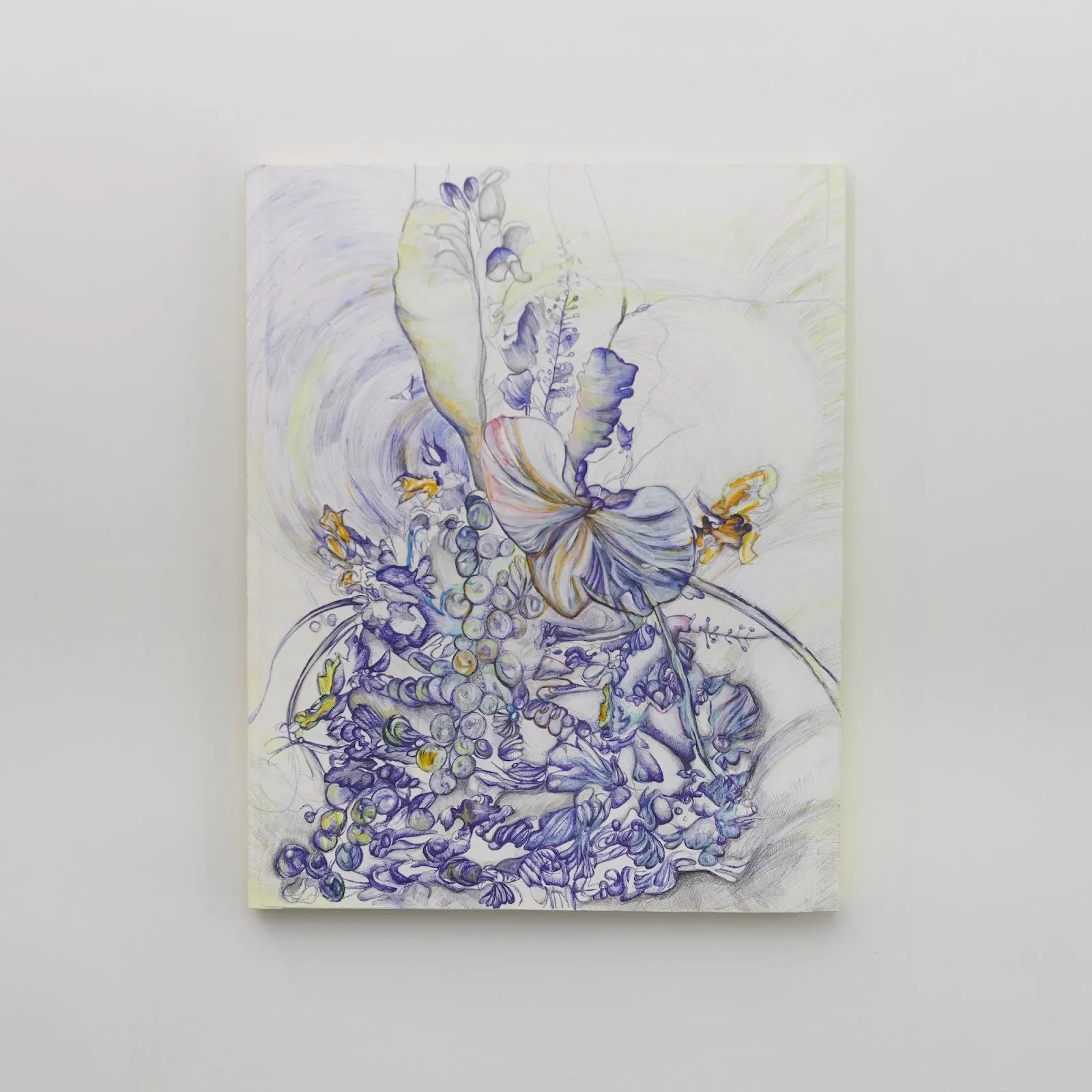 Painting of cake made by Madeline Bach, Orchid Summit, pastel purple glowers in spiral form against pale white packground, pen, pastel mechanical pencil marker, gouache artwork at group exhibition new york now, 25 allen street.