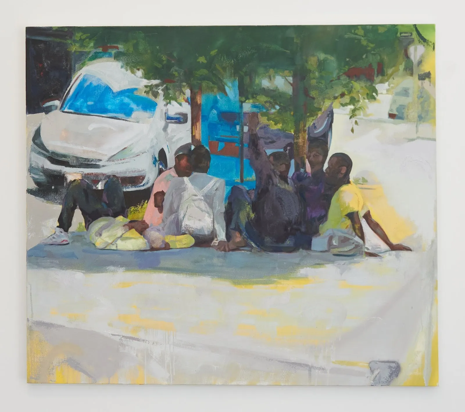 Taylor Simmons, However Long I Stay, oil and spray paint on canvas painting of black youths sitting in the shade of a tree on the sidewalk, relaxing sunny afternoon, new york now group exhibition 25 allen street.