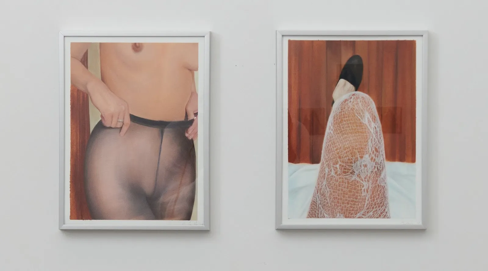 Bre Andy two oil paintings of naked women only wearing see-through tights or stockings, oil on paper, on my way, in waiting, mounted on white gallery wall at new york now group exhibition, 25 allens street, impulse magazine.