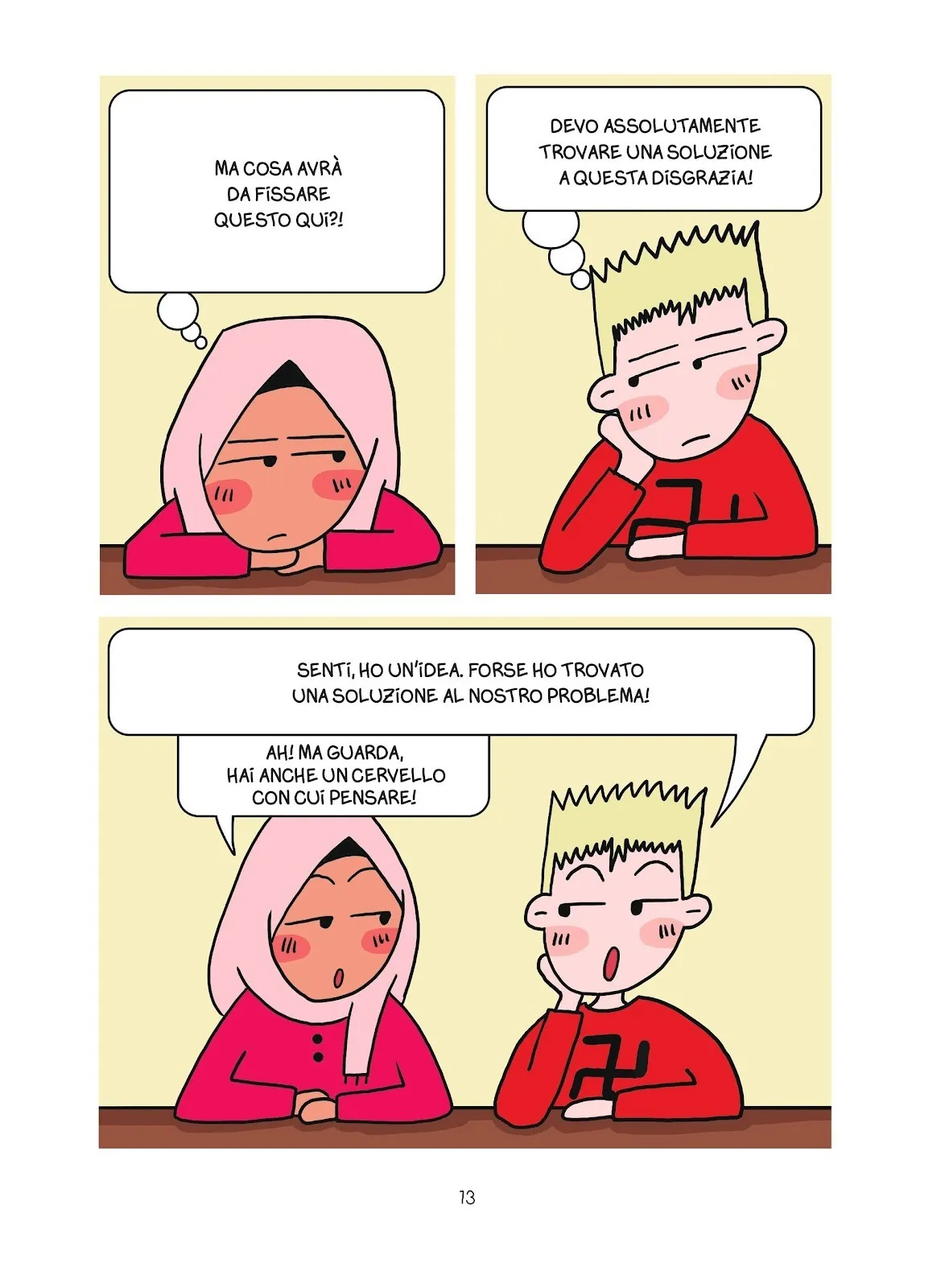 Dialogue page from comic artist Takoua ben mohamed, my best friend is a fascist, confronting anti muslim hate.