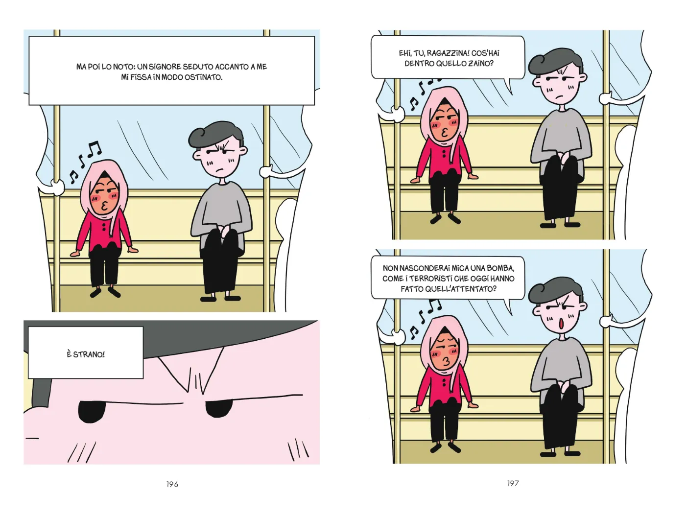 Comic book pages from takoua ben mohamed's work, my best friend is a fascist, confronting an-muslim hate, a muslim girl and white man on bus, man stubbornly stares at girl asking if she has a bomb in her bag, activism impulse magazine.