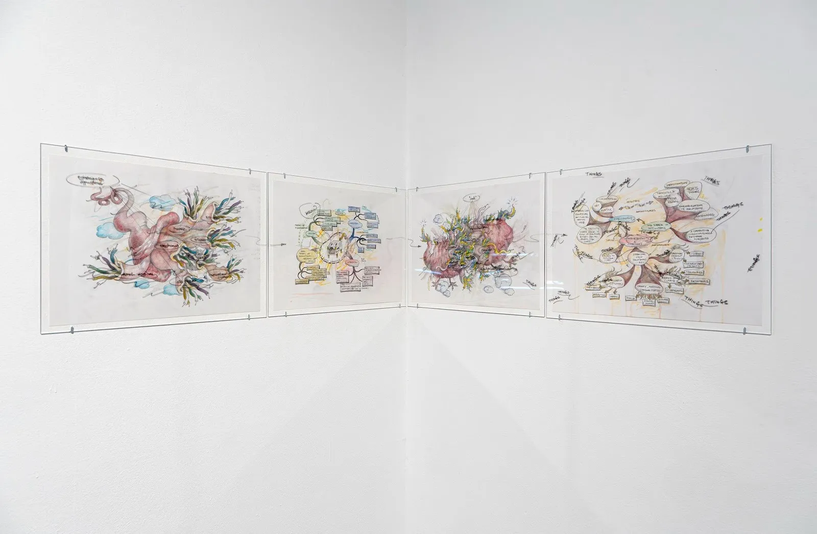 Four colored pencil drawings of octopus and neuro network as digital metaphor, installation view of Frank WANG Yefeng, Avatopology at NARS Foundation, curated by Natasha Chuk.