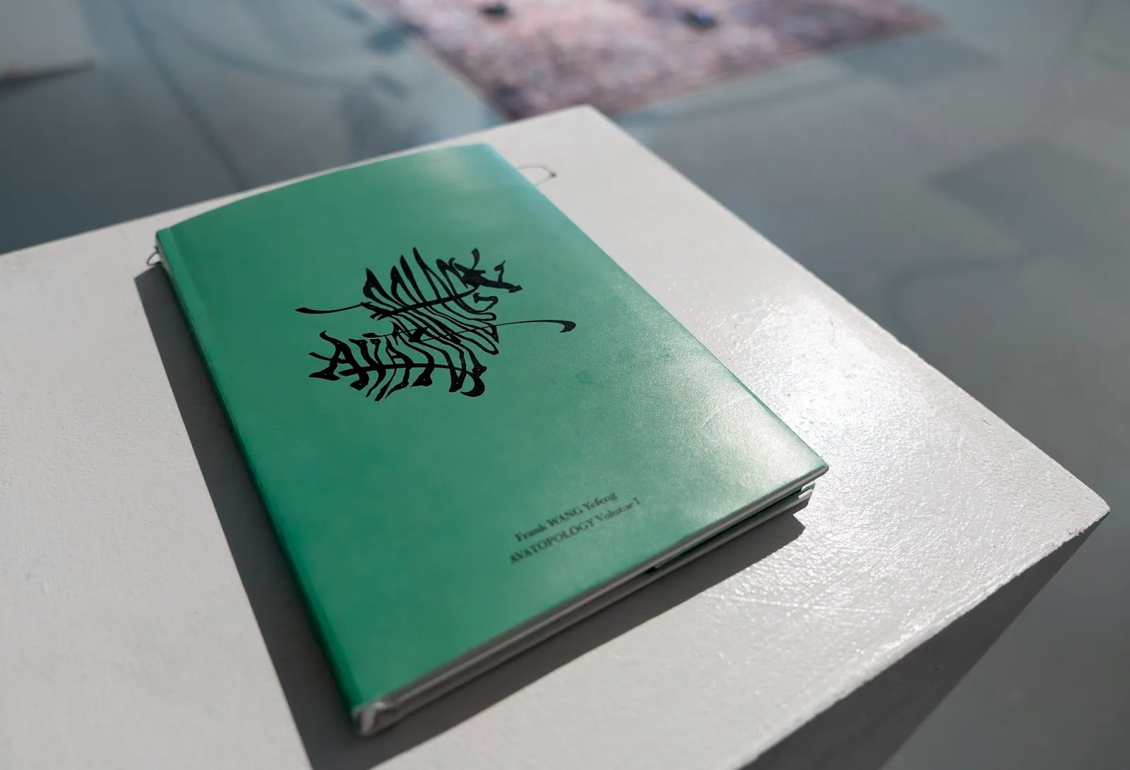 Artist zine with dark green cover and black fish bone pattern on a white pedestal, avatopology installation by Frank WANG yefeng at NARS foundation, curated by natasha chuk digital nomadism, fiverr, technology.