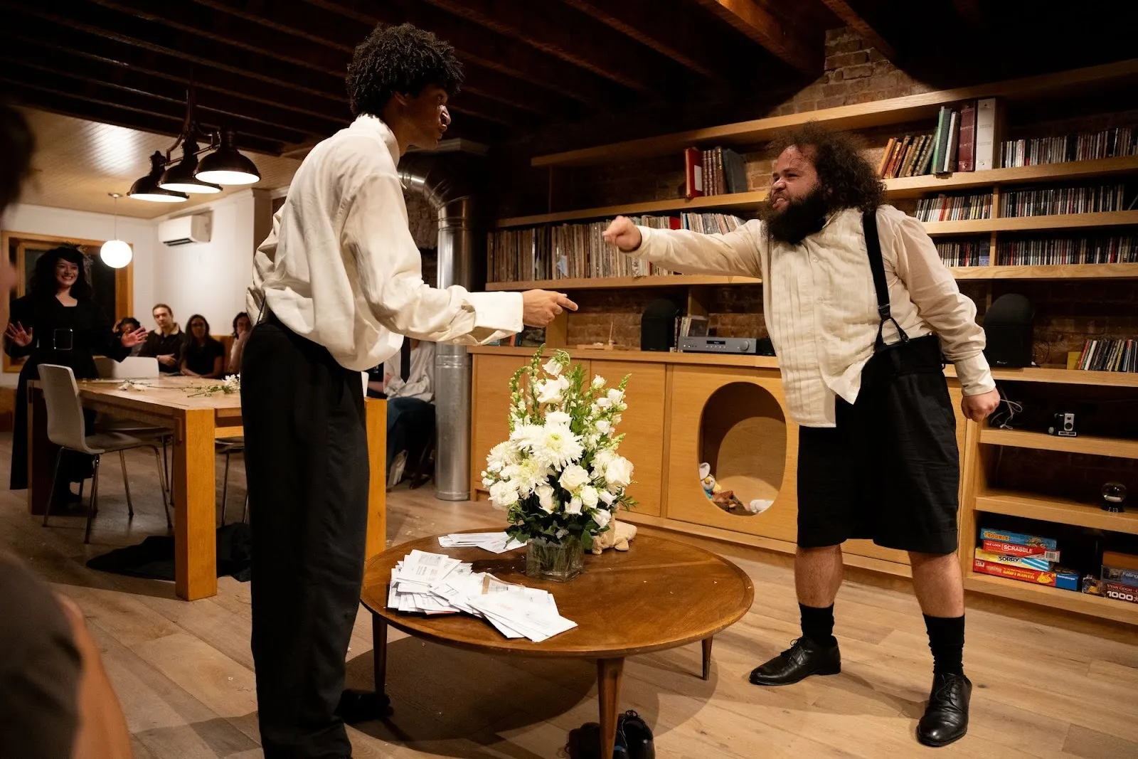 Three actors confronting each other in study stage, celine song's theater play "family" directed by alec duffy, hoi polloi.