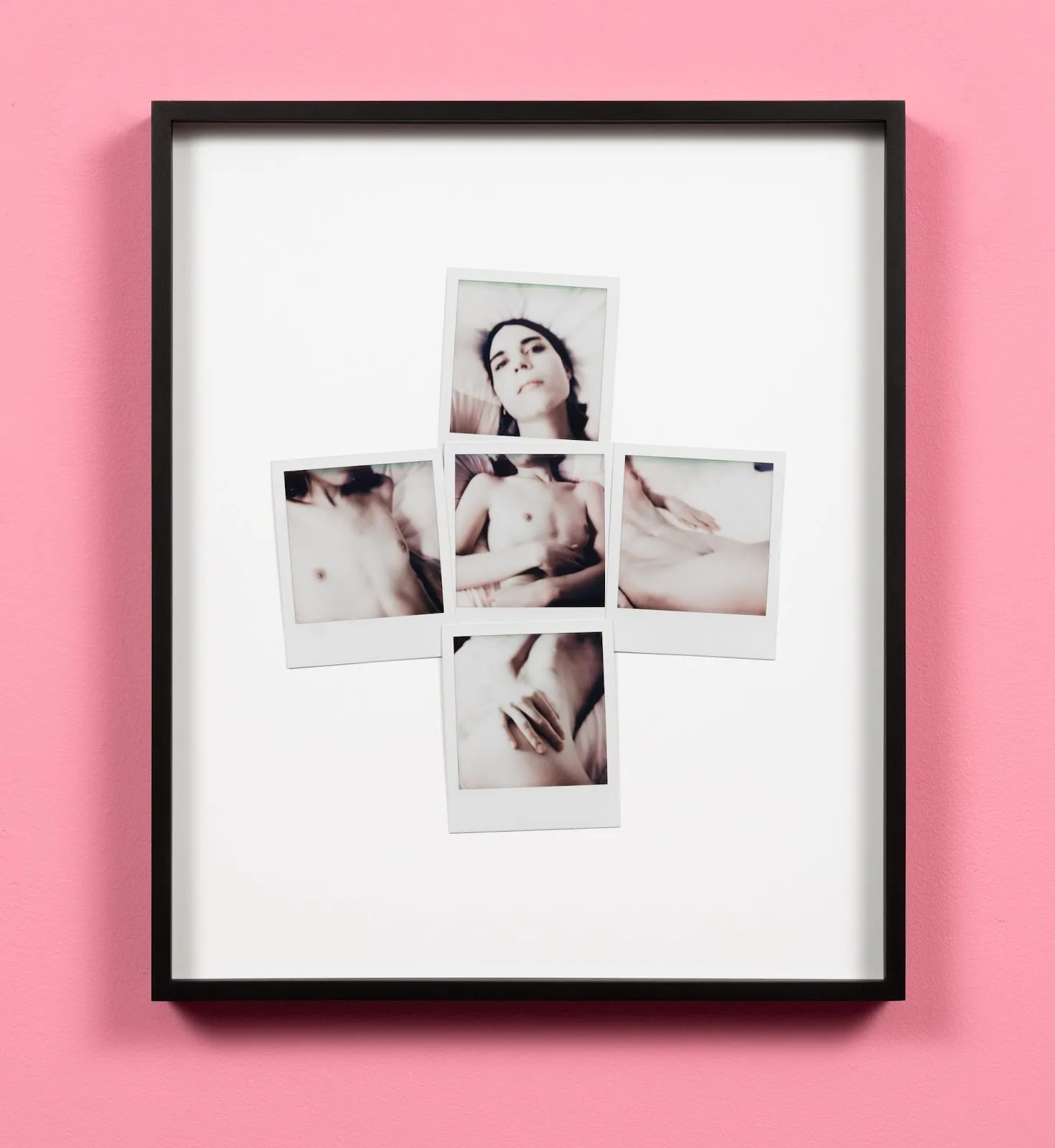 Sebastian acera portrait of cruz valdez, artist feminist, five monochrome photographs n cross shape in a frame against pink wall, installation view of bad girls group exhibition at OCD chinatown.
