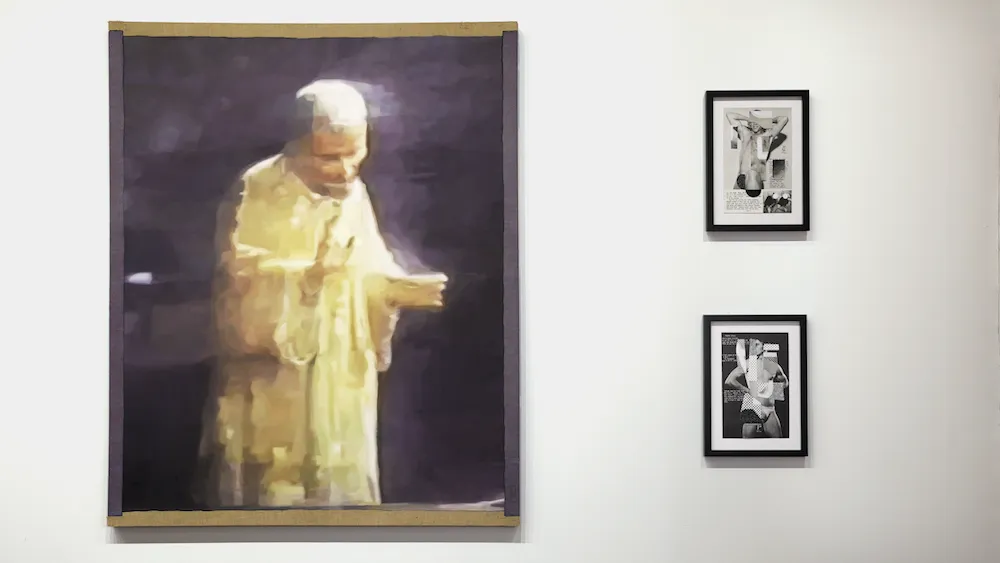 Installation view of three works at zepster gallery group show obsessed, oil painting of religious statue tbc by stephen deffet, collages by rodrigo moreira of men in boxers and polka dots from physique pictorial, young sailors.