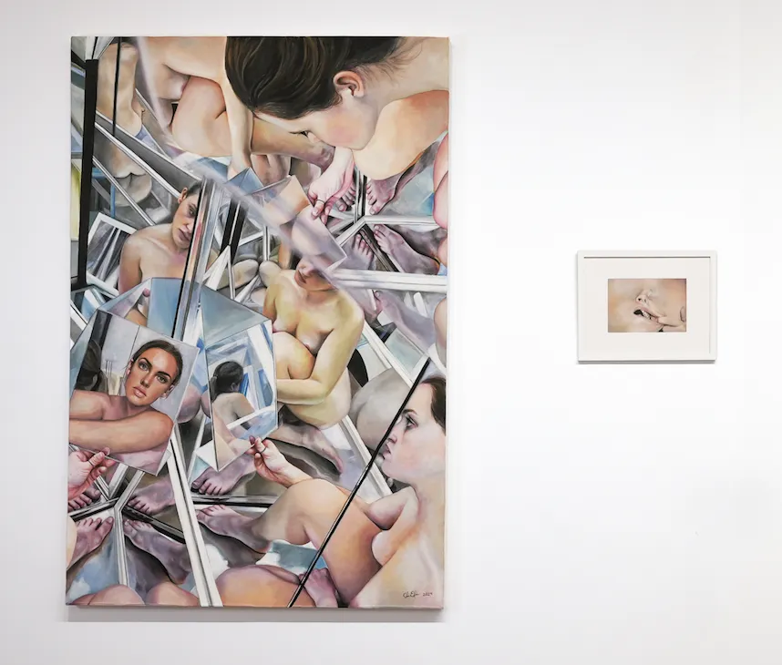 Claire elise fixation study no. 5 and composite perspective, paintings of fragmented female bodies installed on gallery wall, group exhibition obsessed zepster gallery, pop culture and self perception.