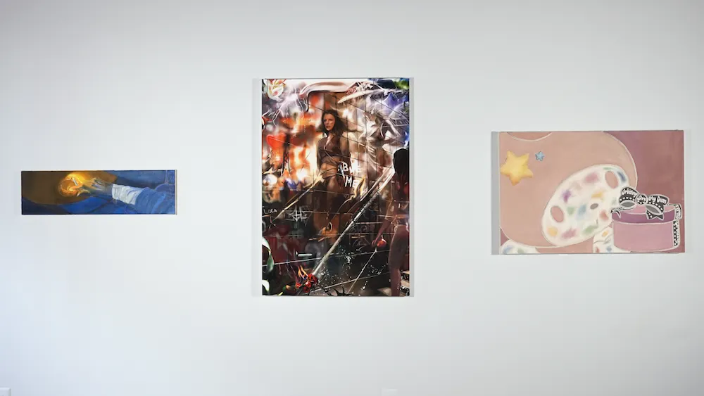 Three paintings mounted on white Gallery wall, group exhibition obsessed at zepster gallery, pop culture and self-perception, paul-sebastian japaz, one for you, ines maestre, Julia, lanyi gao, orbiting on my own terms.
