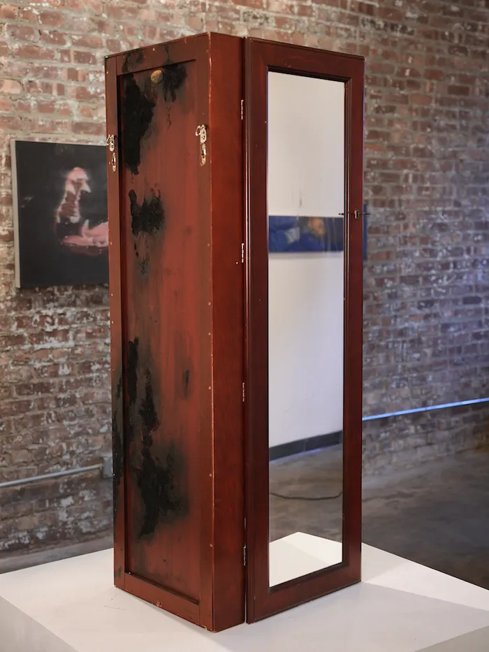 Youyi Echo Yan, Prime Cut Cattle, vanity chest with mirror, installation sculpture and brick red Gallery wall, group exhibition obsessed pop contemporary digital culture and media, zepster gallery.