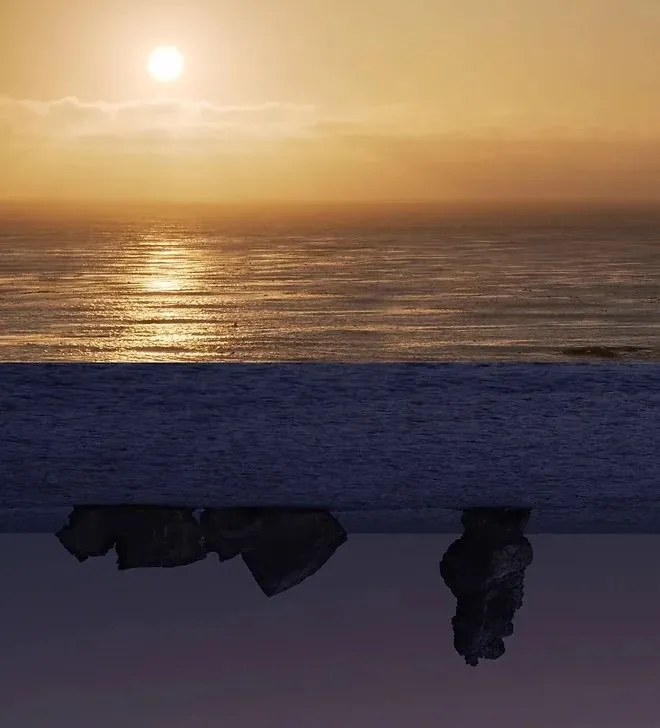 Two horizon lines inversely joined, serene photos of pacific ocean sunset and sunrise, Yuge Zhou, when the East of the day meets the West of the night, sound design by kiku hibino.