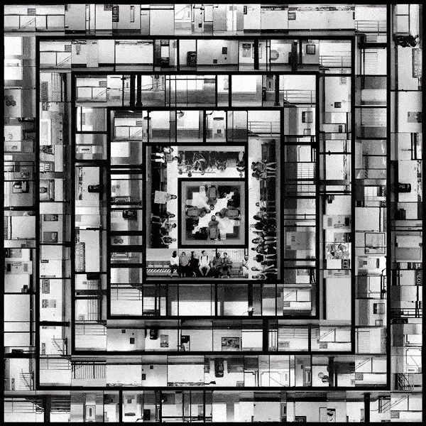 Concentric squares of video footage from opposite side of New york city subway platform, yuge zhou, video art underground circuit, sound design by stephen farrell, infinite loop black and white still.