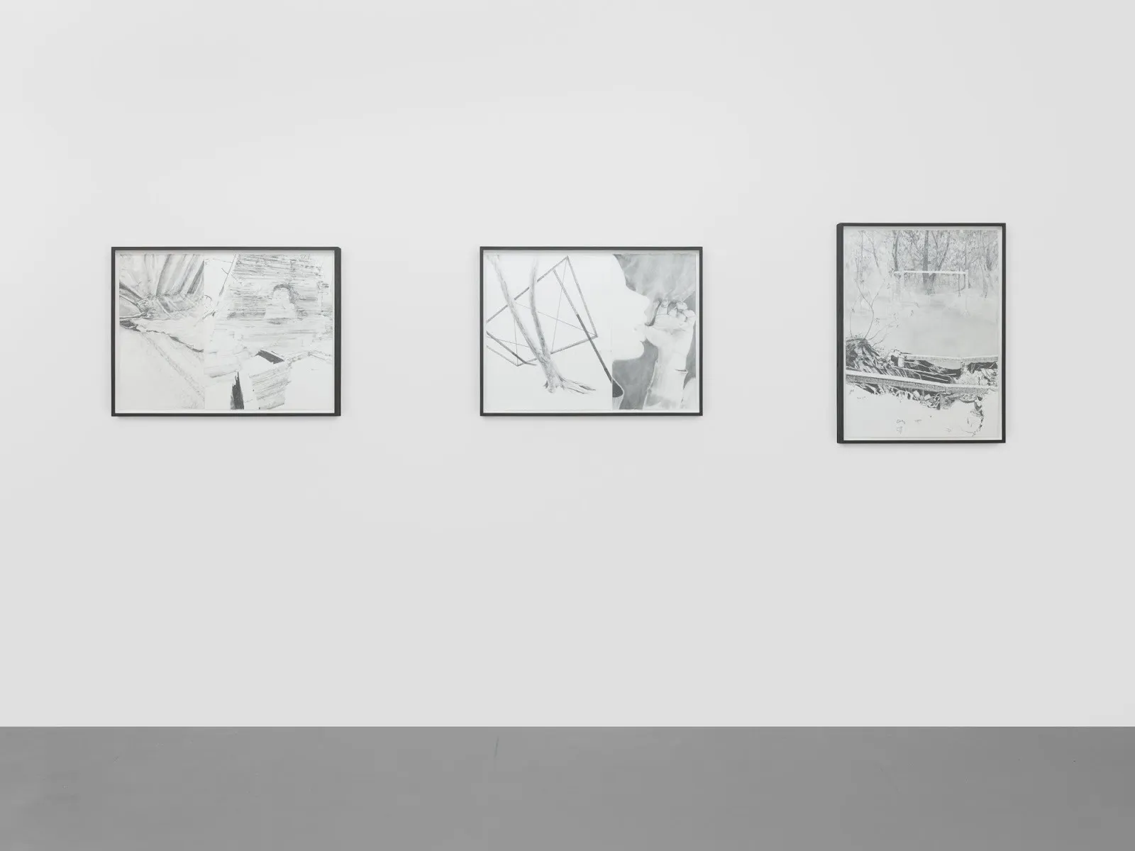 Three charcoal and graphite drawings on white Gallery wall, Efraín López exhibition Gabriela Salazar, no shoulder, archival intimacy and diaristic scenes rendered from iphone photo.