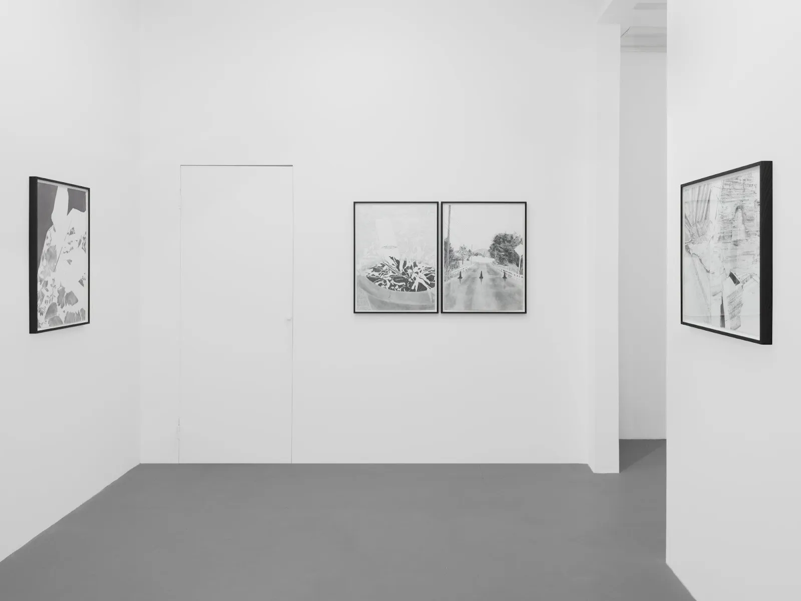 Four black and white charcoal and graphite drawings on white gallery wall, Efraín López exhibition Gabriela Salazar, no shoulder, archival intimacy and diaristic scenes rendered from iphone photo.