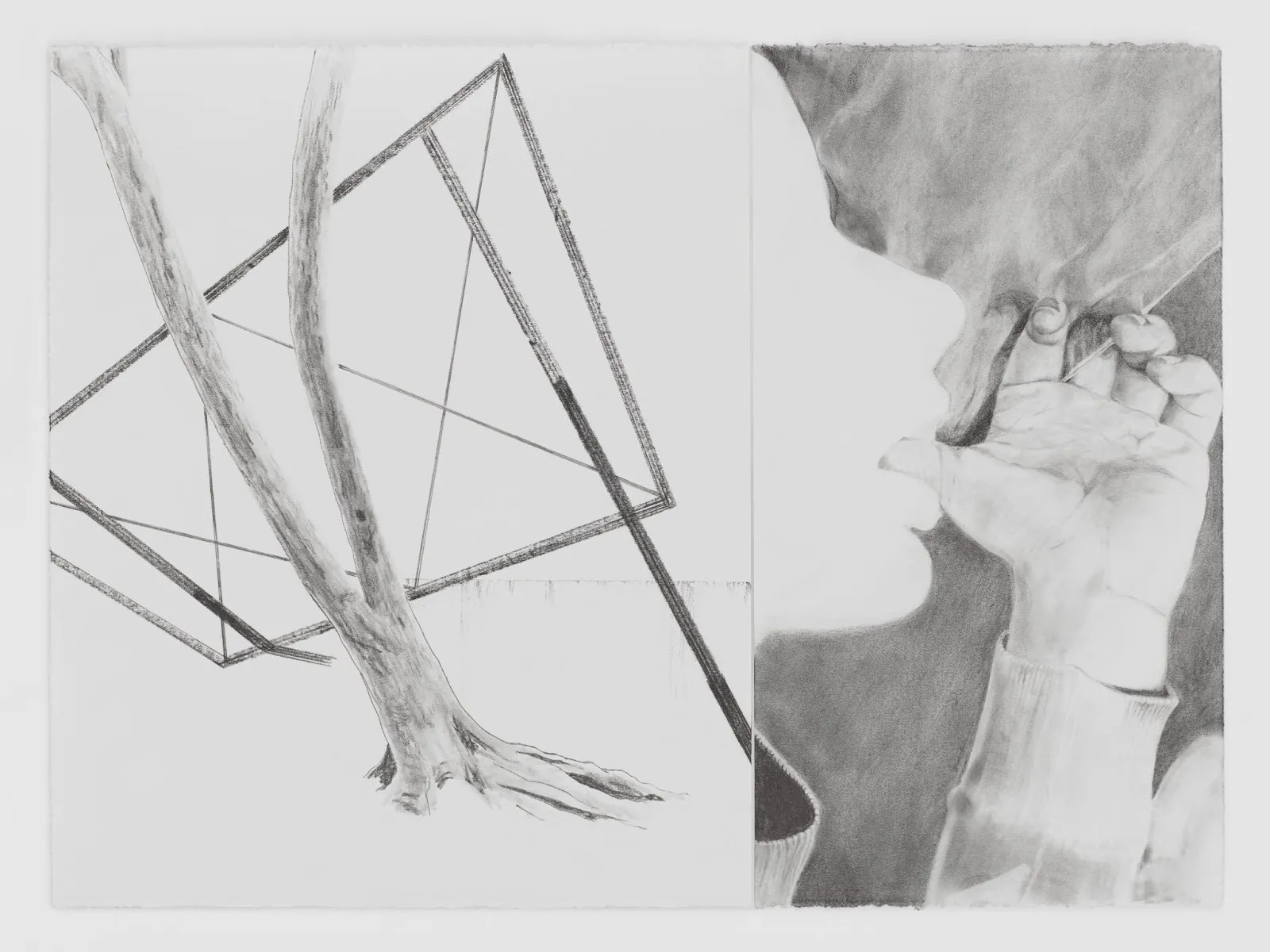 Black and white graphite and charcoal drawing, a tender catastrophe only in sleep, Efraín López exhibition Gabriela Salazar, no shoulder, archival intimacy and diaristic scenes rendered from iphone photo.