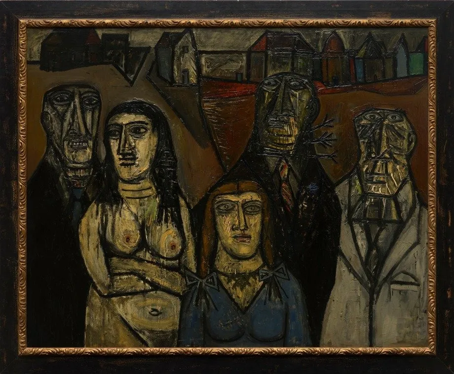 Frances Newton Souza, degenerates oil painting at centenary retrospective exhibition aicon gallery new york, cubist influences, cold earth-toned abstract gloomy figures.