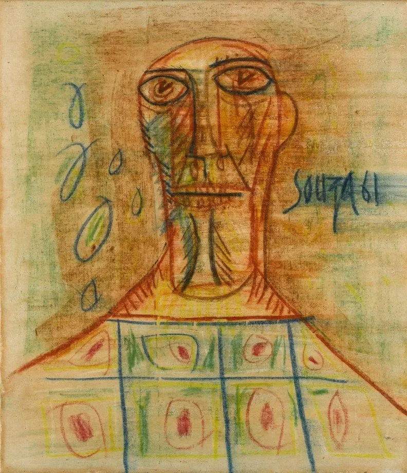 Francis Newton Souza abstract painting of man in tunic, cubist art influence, aicon gallery, centenary.