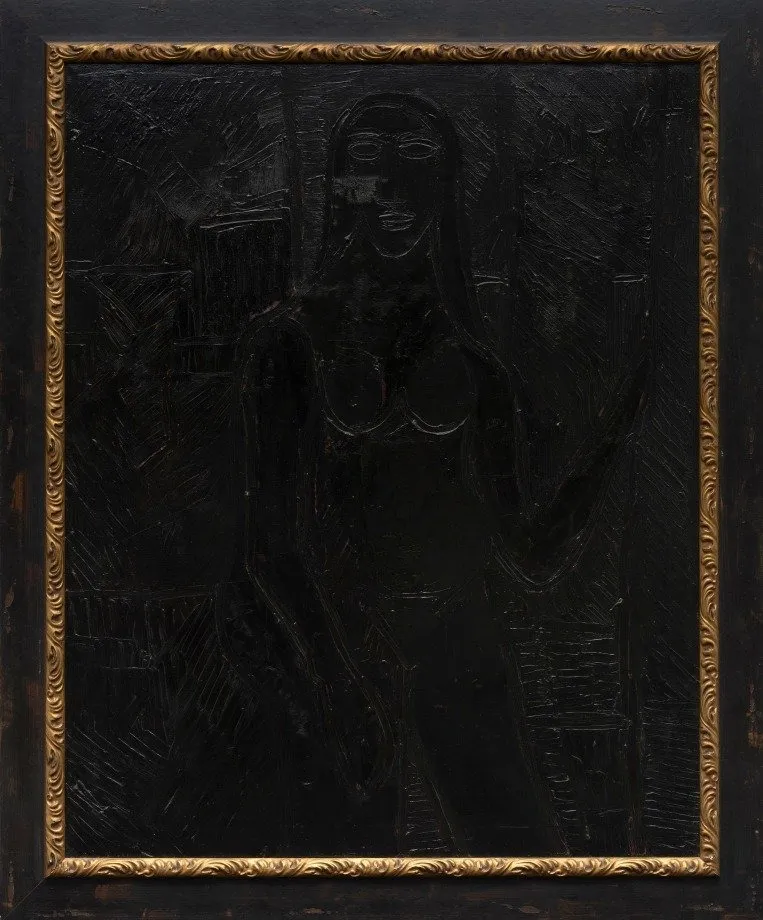 Francis Newton Souza abstract monochrome black oil painting of nude woman, untitled, cubist art influence, aicon gallery, centenary retrospective.