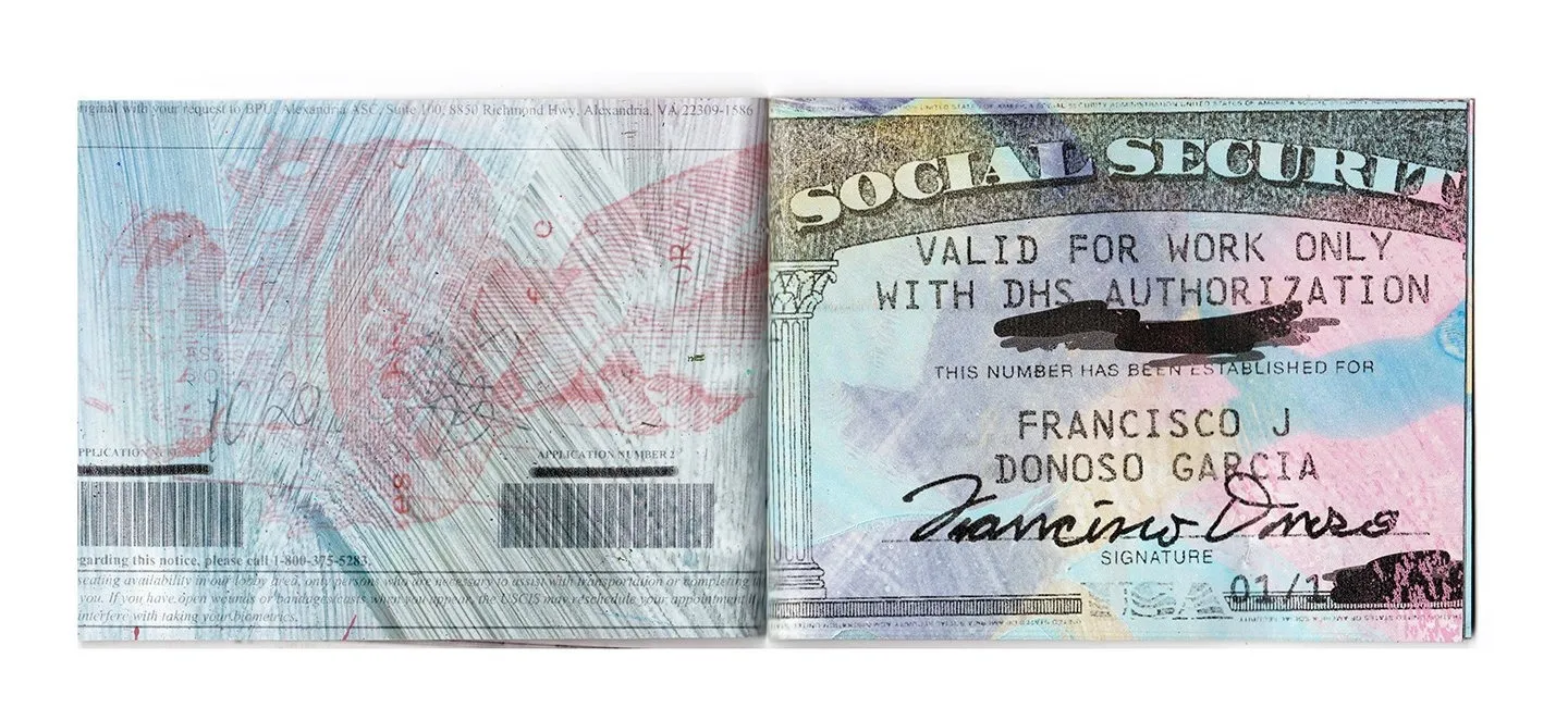 Francisco Donoso, DACA latinx artist social activism immigration, Status No. 4. 2024. 6 page spread artist book. Limited quantity of 11 with one AP. Hand-bound pamphlet stitch.