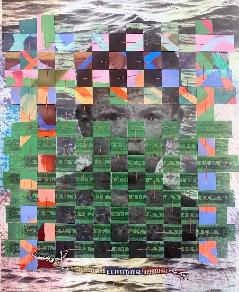 Checkered acrylic and spray paint laser print on mylar, layered on top of black and white photograph with dollar sign and Ecuador letters, from my wrist, abstract work by Francisco Donoso, latinx artist daca recipient.