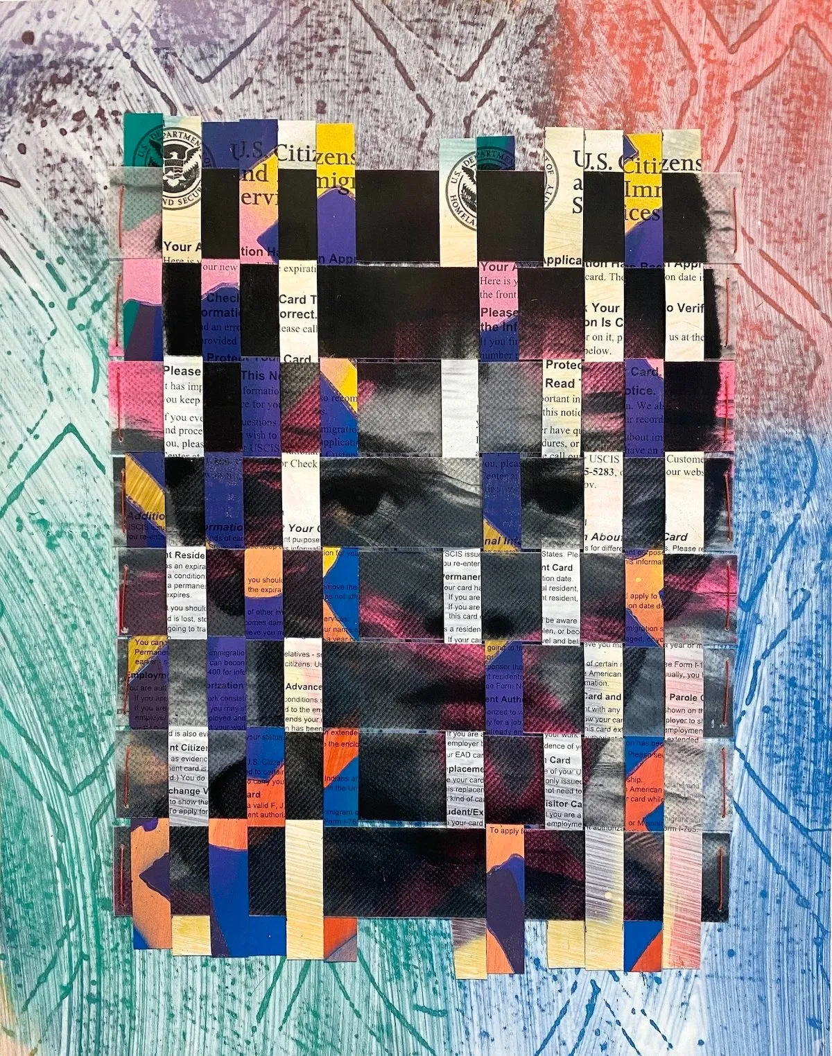 Francisco Donoso, I am the Homeland, checkered text textile on top of black and white photograph USCIS, LaserJet prints on mylar, DACA recipient latinx artist.