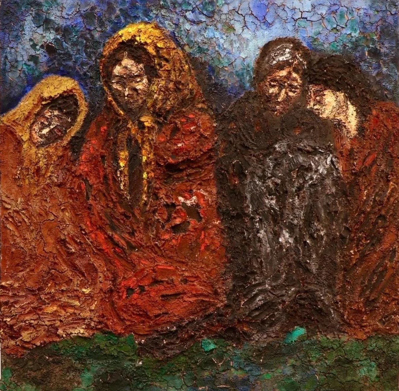 Anoushka Bhalla, the waiting room, oil terracotta painting, PVA, Indian artist International based in New York addressing postcolonial historical archives.