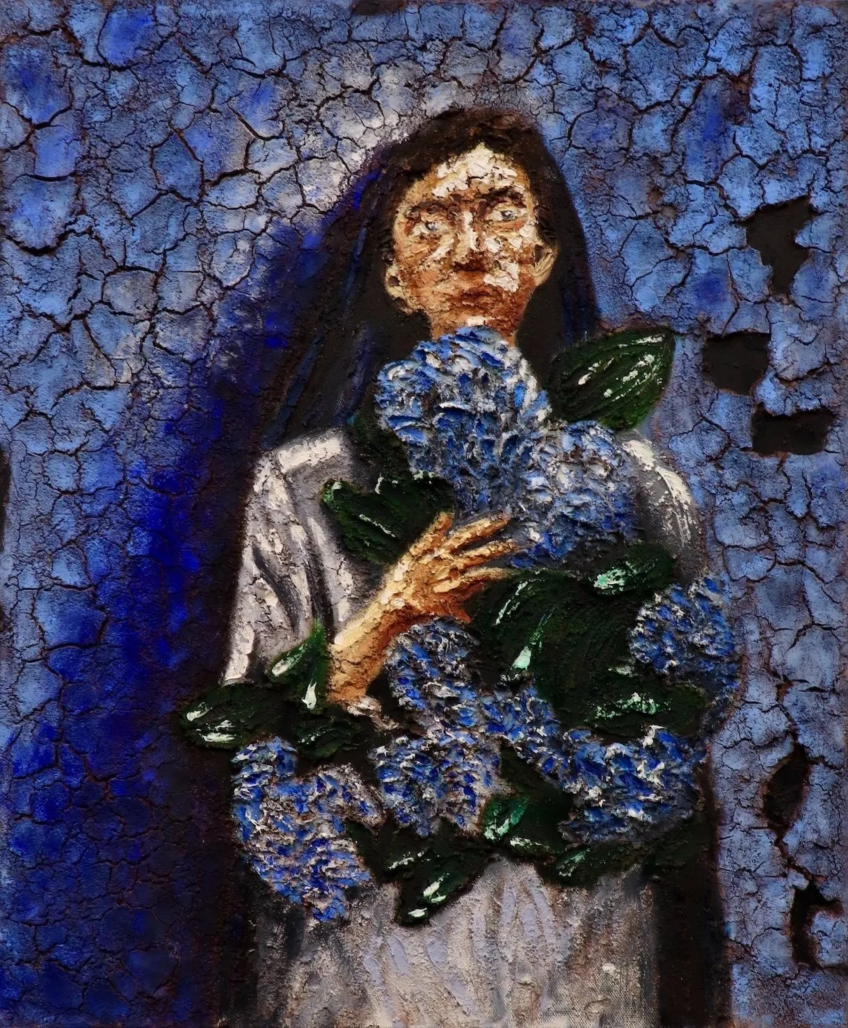 Anoushka bhalla, blue carnations oil painting with mixed media on canvas, Indian girl holding a bouquet of flowers, artist internationally based in New York addresses Colonial archives and photographs.